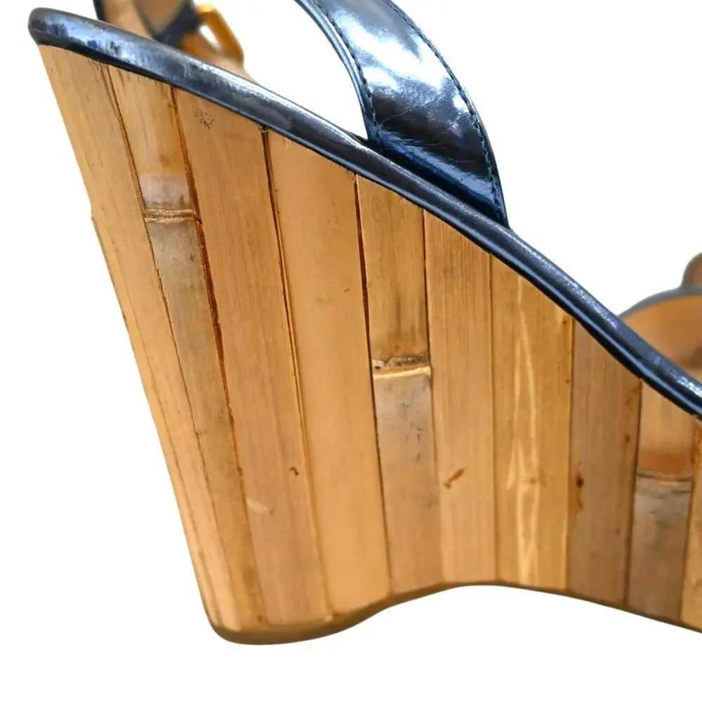 Prada Blue Metallic Leather Bamboo Wedge Platform Sandals Size 39